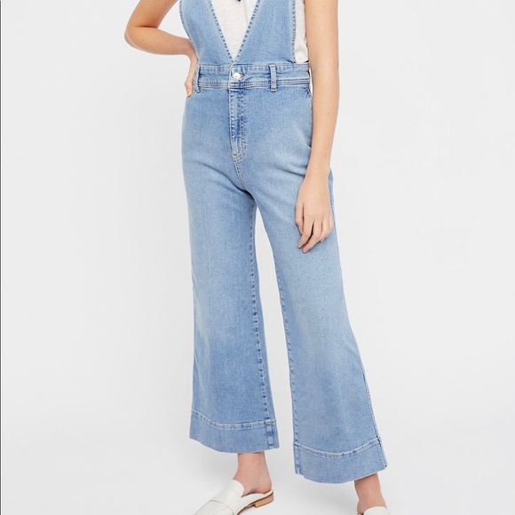 $128 Free People A line overalls in beach blue - Picture 6 of 8